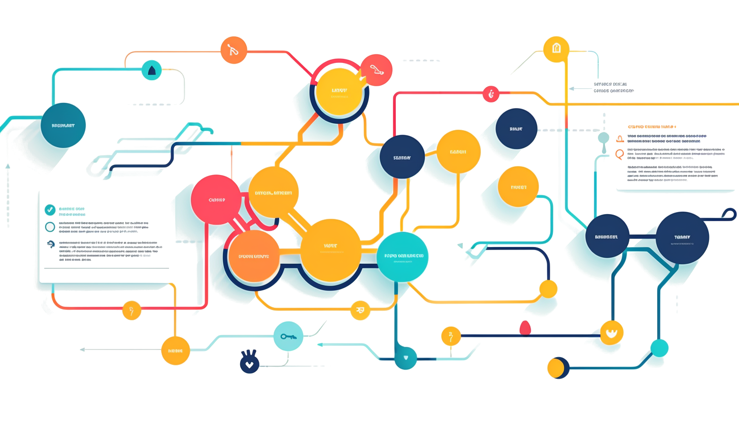 Colorful illustration of a business process flowchart, signifying our AI strategy consulting and optimization of business processes at Snyder Technology LLC